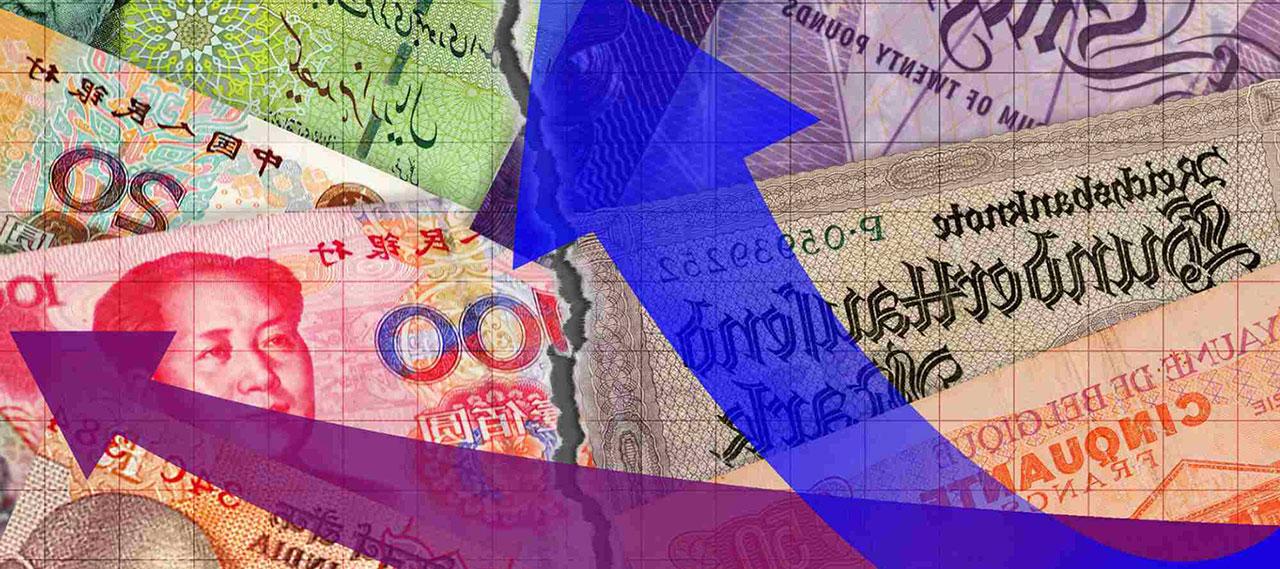 各种国际货币覆盖着蓝色和紫色箭头，这些箭头显示了税收.